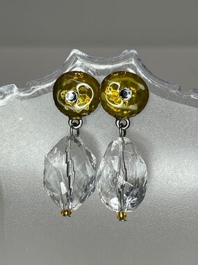 Crystal Drop Earrings with Yellow Round Hammered Metal & Rhinestone Tops